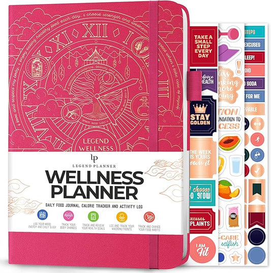 Legend Wellness Planner & Food Journal – Daily Diet & Health Journal with Weight Loss, Measurement & Exercise Trackers – Lifestyle & Nutrition Diary – Lasts 6 Months, A5 size – Hot Pink