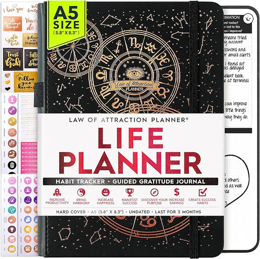 Life Planner - 5 Minute Daily Gratitude & Manifestation Journal | Positivity & Affirmation | Guided Mindfulness, Self Care & Mental Health Journal | 90-Day Undated Planner, Vision Board & Stickers
