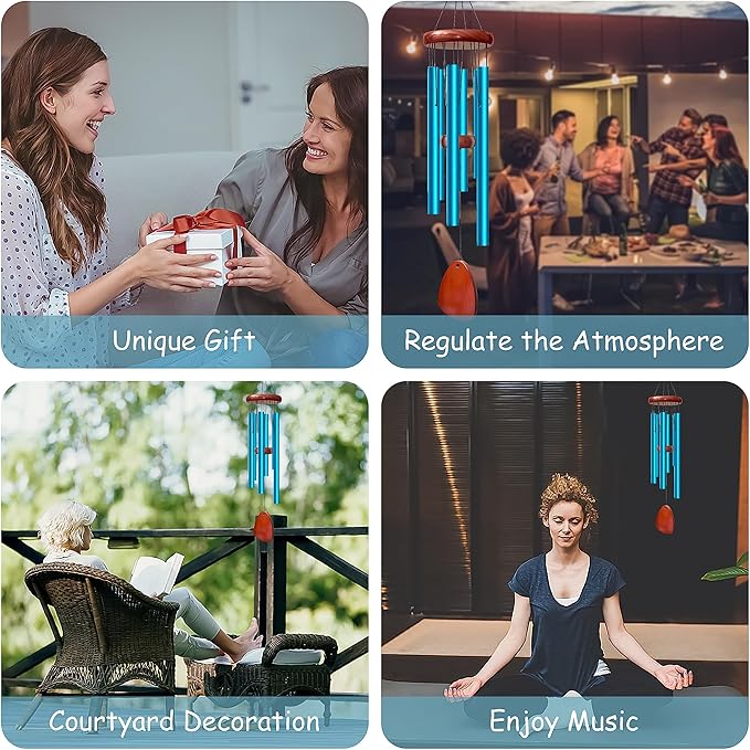 28" Wind Chimes for Outside. Deep Tone Lovely Wind Chimes with 6 Aluminum Tubes Courtyard Decoration. Windchimes Outdoor Create an Enjoyable Atmosphere & Give Mom a Gift（Blue）