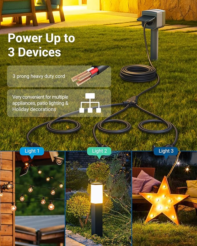 DEWENWILS Outdoor Extension Cord 1 to 3 Splitter, Total 52FT, 13A 125V 1625W 16/3C SJTW Extension Cord Outdoor, Heavy Duty Extension Cord for Holiday Light, Outdoor String Light, ETL Listed (Black)