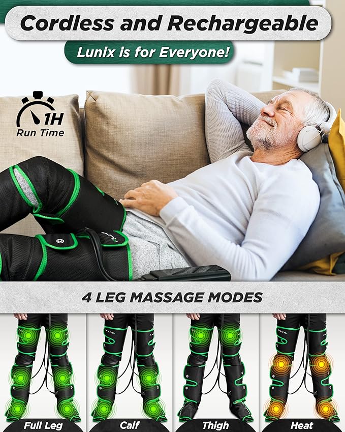 Lunix LX10 Foot, Calf, Leg Air Compression Massager Machine, Cordless and Rechargeable Thigh and Knee Boots Device with Heat for Circulation, Recovery, and Pain Relief, Green