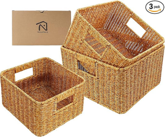 Baskets with Handles, Wicker Storage, Shelf Boxes for Organizing, Decorative Resin, Set of 3, Amber