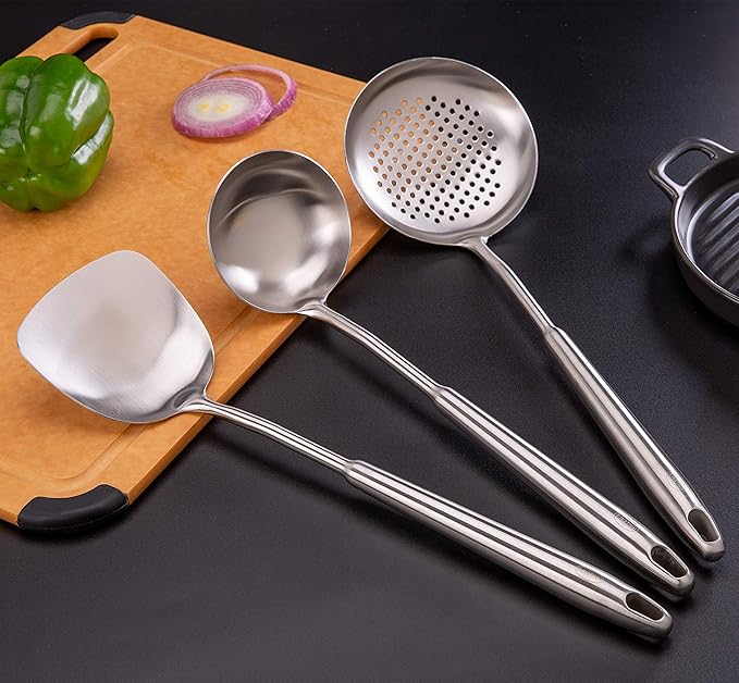 Wok spatula and ladle,Skimmer Ladle Tool Set, Chinese Wok Utensil Set, All metal 304 Stainless Steel Cooking Utensils(15in,15in,14in)