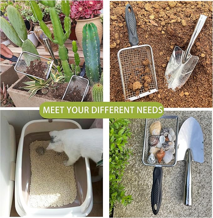 2 Pcs Soil Sifter for Gardening with Garden Shovel Hand Trowel - 3.8/5mm Mesh, Stainless Steel Sifter with Ergonomic Handle for Compost, Sand, Rocks, Potting Soil, Landscaping, Beach & cat Litter