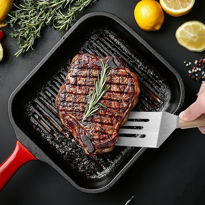 Stainless Steel Spatula Set, 2 Pieces Metal Spatula for Cast Iron Skillet, Metal Spatulas for Kitchen Use with Wooden Handle, Ideal for Frying Steak, Pancake, Cookie, Burger, Brownie or Desserts