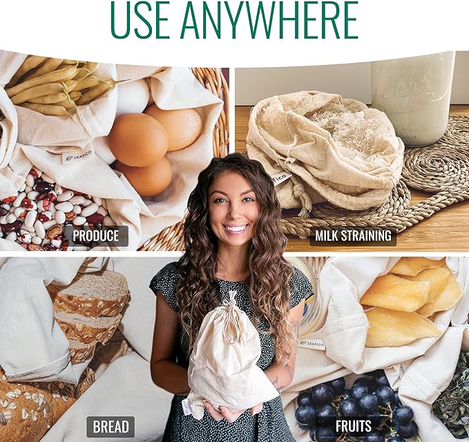 Organic Cotton Produce Bags - Medium 8x10 Inch (12 Bags) - Reusable Muslin Storage Bags with Drawstrings - Biodegradable Canvas Fabric - Perfect for Snacks, Clothes