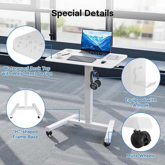 BONTEC Mobile Standing Desk Adjustable Height, Rolling Laptop Cart with Hook, Portable Workstation with Pneumatic Lift, Ergonomic Table with Wheels, Compact Home Office Desk, White 25.6" x 17.7"
