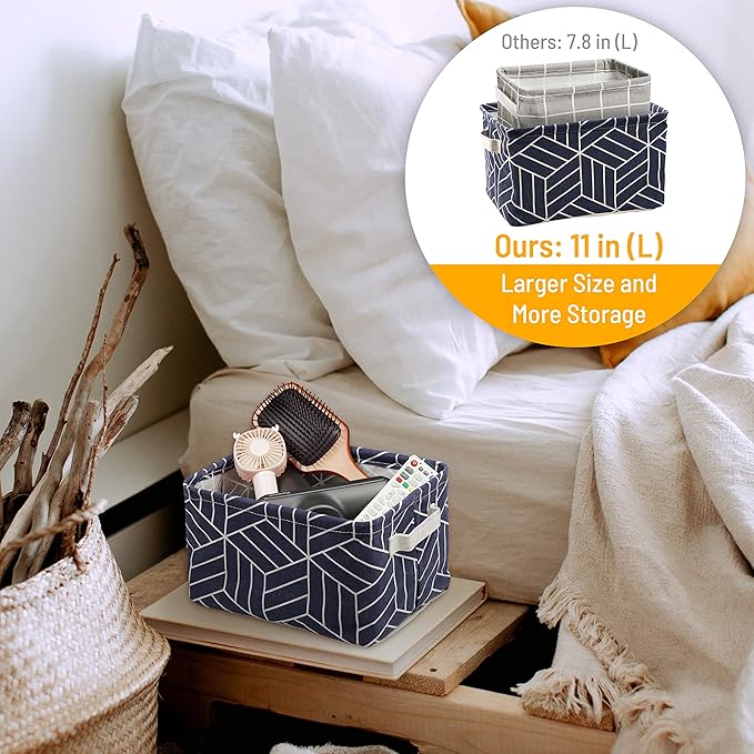 CROWNED 6 Pcs Storage Basket Foldable Cube Fabric Bins Square Mini Box Receive Organizer Rectangle Canvas with Handles for Home Office Books Small 11x8x6.3 inch Navy