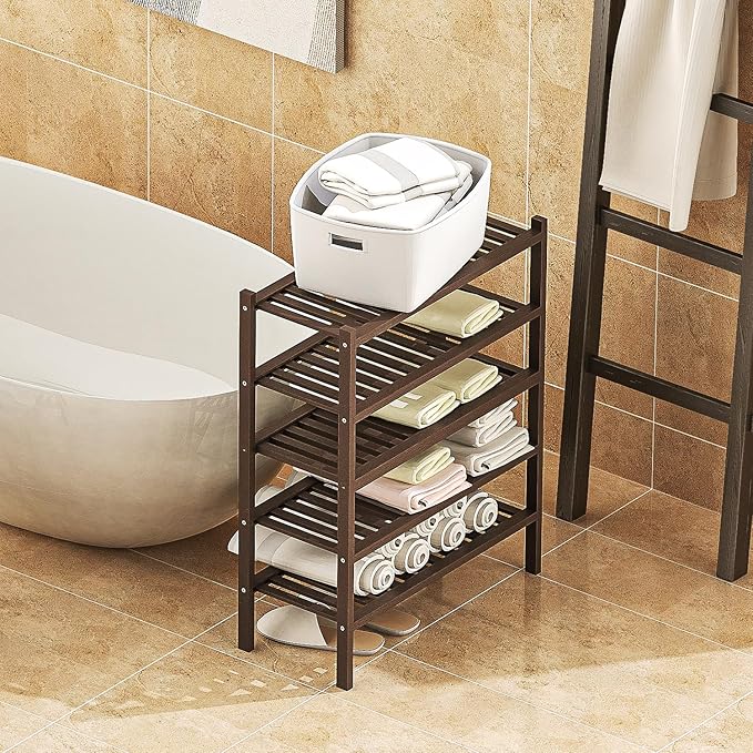 Shoe Rack 5-Tier Organizer Stackable Storage Shelf with Multi-Function Combinations-Free Standing Bamboo Shoe Racks for Closet,Entryway,Hallway,Bathroom,Living Room Shoe Organization (Brown,5-Tier)