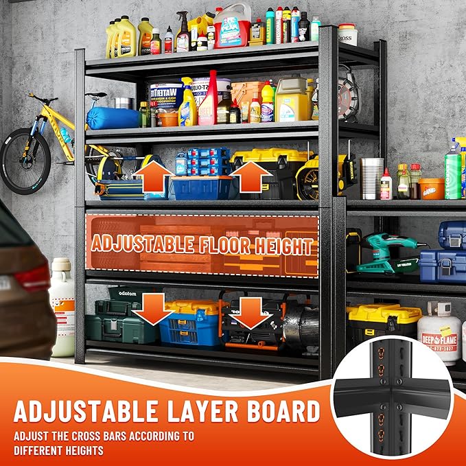Heavy Duty 5-Tier Shelving Unit 2500LBS Capacity - Adjustable Steel Garage Shelves for Warehouse, Basement Storage(63''H x 39.4''W x 13.8''D)