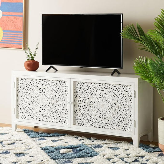 SAFAVIEH Raura TV Stand for up to 60" Flatscreen – White Washed, 2 Doors with Interior Storage, Entertainment Media Console Cabinet (MED5300A)