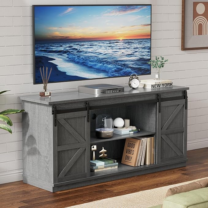 YESHOMY TV Stand for Televisions up to 65 Inches, with Sliding Barn Doors and Storage Cabinets, Console Table and Media Furniture for Living Room, 58 Inch, Gray