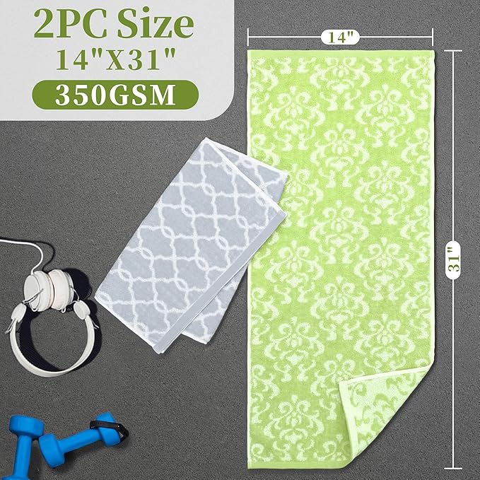 Workout Towels for Gym (2PC, 14"x31") - 100% Cotton, Breathable, Soft & Absorb - Sweat Towel for Men & Women, Sports Towel for Yoga, Tennis, Running, Exercise & Fitness, Green Damask+Gray Checkered