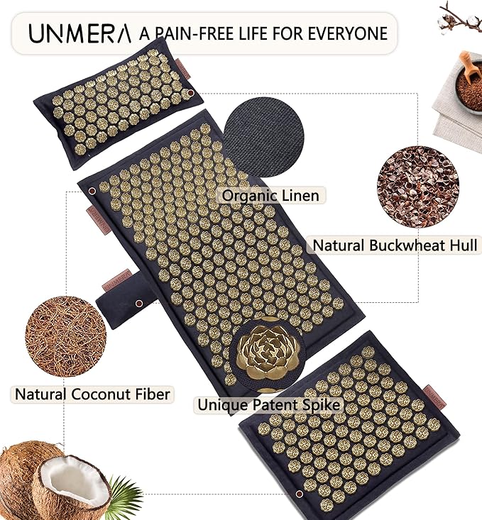 UNMERA Acupressure Mat and Pillow Set,Natural Premium Linen & Coconut Fiber Filling,for Back/Neck Pain Relief, Sciatic, Headache and Muscle Relaxation, Comes with Carrying Bag