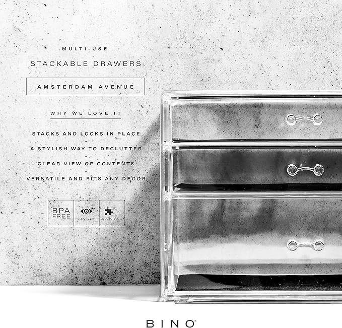 BINO | 3 Drawer Makeup Organizer | Amsterdam Avenue | THE MANHATTAN SERIES | Makeup Drawer Storage | Cosmetic Organizer | Plastic Vanity | Organizer Clear Makeup Organizers And Storage Cases | Acrylic