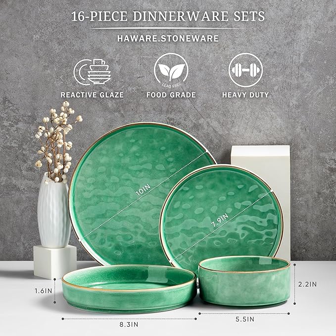 HaWare Dinnerware Sets, 16-Piece Plates and Bowls Set, Stoneware Dish Set for 4, Ceramic Dishware Set for Pasta Cereal, Chip and Scratch Resistant, Microwave and Dishwasher Safe, Reactive Green