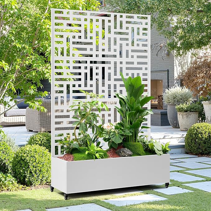 15.7"×70.9"×47.2" Metal Raised Garden Bed with Trellis and Wheels - Tall Trellis Planter Box for Climbing Plants, Vegetables & Vines - Outdoor Privacy Planters for Patio (White-Helen)