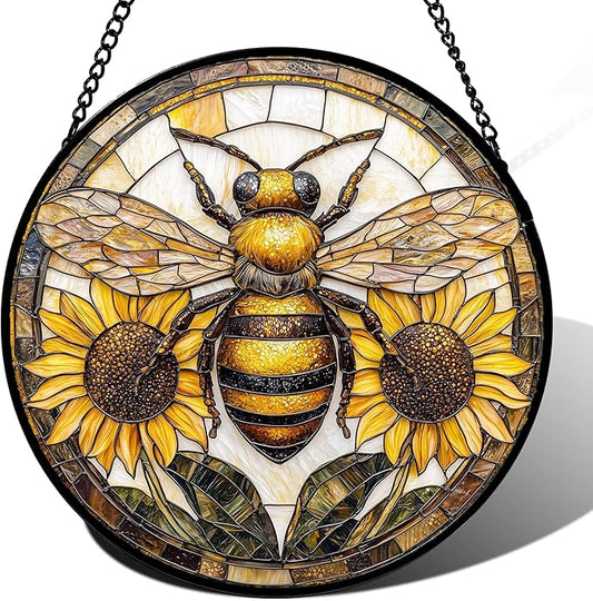 Stained Glass Window Hanging - Bee Sunflower Yellow Suncatcher Ready to Hang Window Doors Home Decoration and Christmas, Mother's Day Birthday Gifts for Women, Men, and Mom 14.9x14.9 in