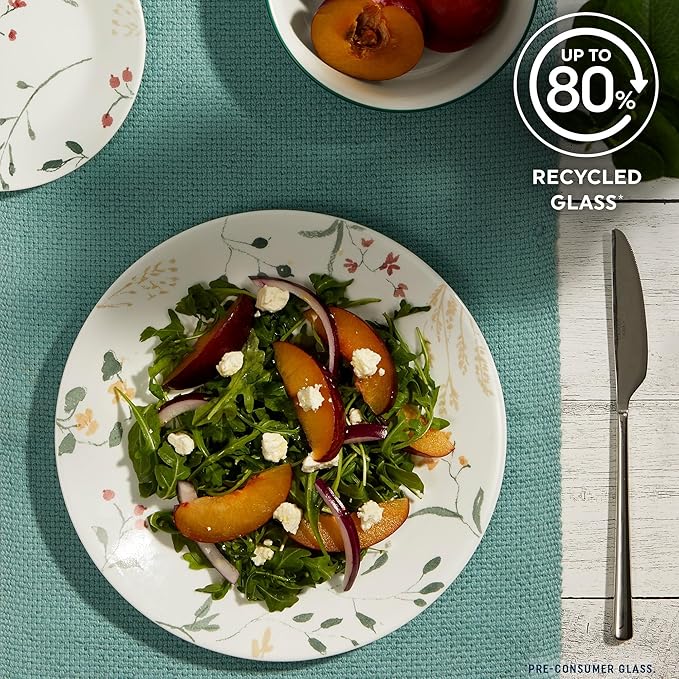 Corelle Vitrelle 18 Piece Glass Dinnerware Sets Service for 6, Triple Layer Chip & Crack Resistant Glass Plate and Bowl Sets, Wildflower