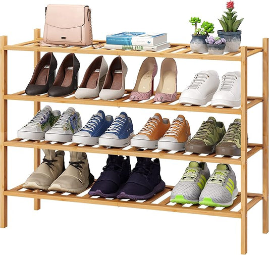 Shoe Rack, 4-Tier Long Shoe Rack for Entryway, Bamboo Wood Shoe Shelf for Closet & Hallway, Long 33IN | Beautiful | Functional | Sturdy | Durable