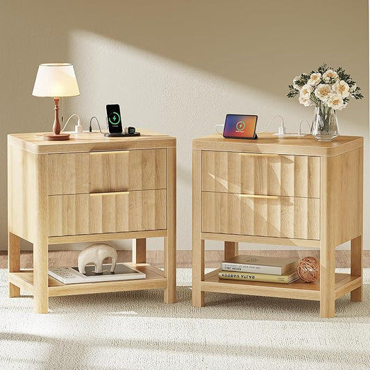 Huuger 27.6 Inch Tall Night Stands with Charger Station, USB-C Port, Fluted Nightstand Set of 2, Larger Wider Bed Side Table with 2 Deep Drawers, Open Shelf, Bedroom Living Room End Table, Natural