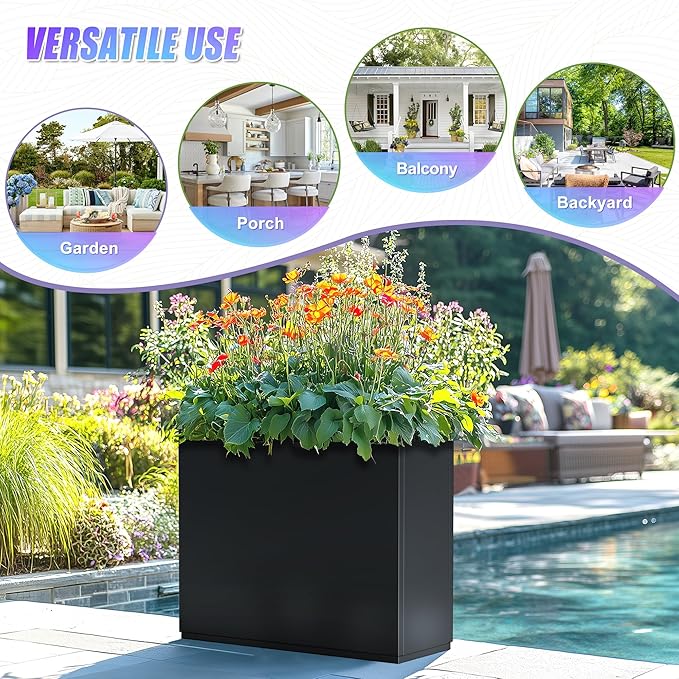Tall Metal Planter, 9" W x 26" H Large Rectangular Planter Box for Outdoor or Indoor, All-Weather Durable Plant Box with Drainage Holes & Removable Shelf for Patio, Porch, Garden, Trees, Flowers