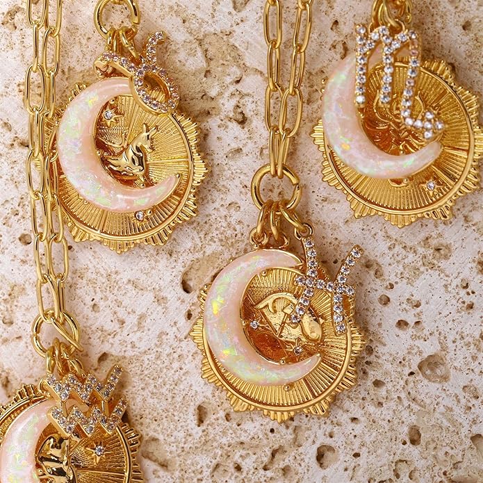 Gold Zodiac Sign Embossed Coin Opal Crescent Moon Charm Necklace for Women Trendy 18K Gold Plated Retro Paperclip Chain 12 Constellation Horoscope Necklaces Astrology Jewelry Gifts