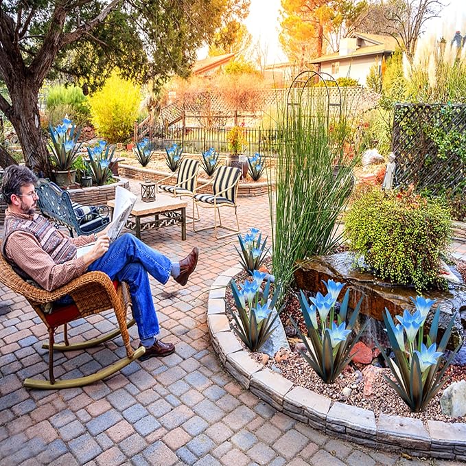 Homight Metal Agave Plant Outdoor Decoration Lily Mexican Yard Art Garden Gift - 3 Big Blue Lilies