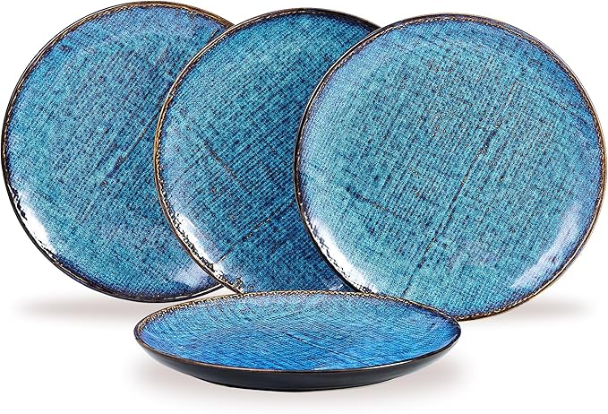 Ceramic Dinner Plates Set of 4, 10 Inch Porcelain Pasta and Salad Plates, Handmade Stoneware Plate Set for 4, Round Dishes for Home Decor, Microwave,Oven,and Dishwasher Safe, Blue