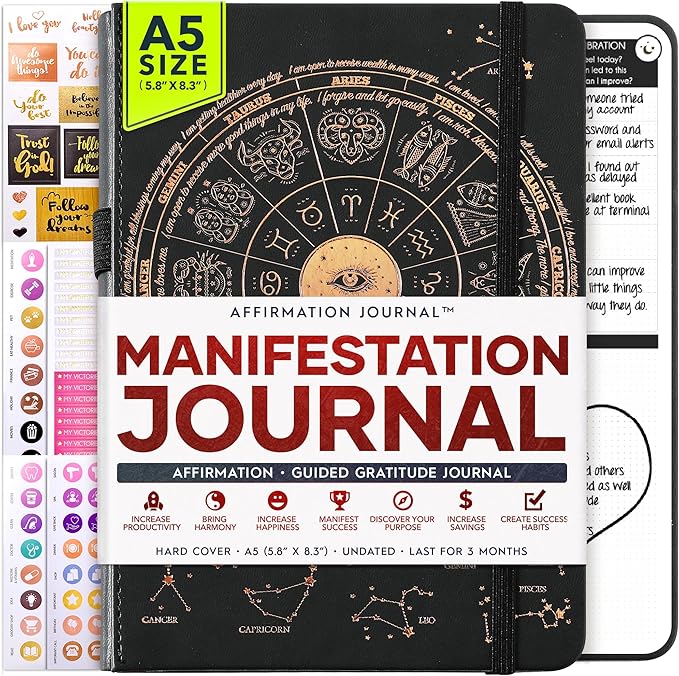 Manifestation Journal - 5 Minute Manifesting & Self Care Journal | 90-Day Undated Daily Planner for Positivity, Affirmations & Gratitude | Guided Mindfulness, Reflection | Vision Board + Stickers