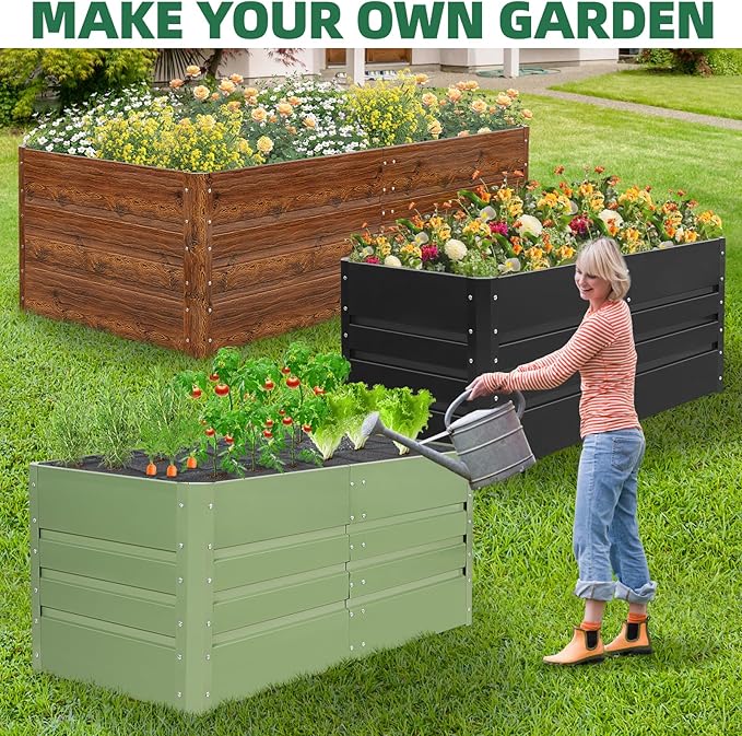 G GOOD GAIN 4x2x1.8ft Raised Garden Bed - Metal Planter Box Outdoor with Weed Barrier Fabric | Deep Root Raised Beds for Gardening Vegetables Flowers Herb Fruits (Wood Grain)