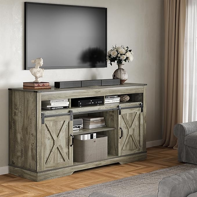 RoyalCraft TV Stand for 65+ Inch TV: Farmhouse Entertainment Center with Storage, Wood TV Console Cabinets with Sliding Barn Door, Tall Media with Adjustable Shelves for Living Room, Light Grey