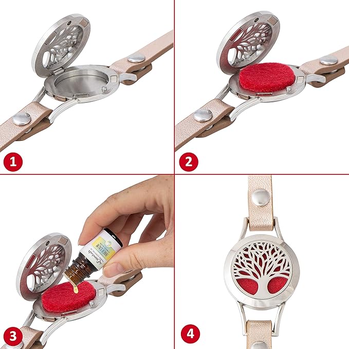 Wild Essentials Tree of Life Essential Oil Bracelet Diffuser, Leather Wrap Band, Stainless Steel Locket Pendant, 12 Color Refill Pads, Customizable Color Changing Perfume Jewelry, Aromatherapy, Pink