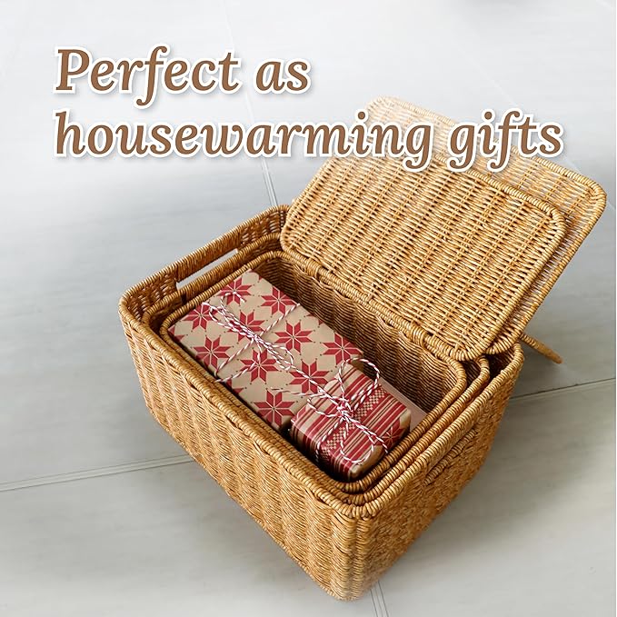 Baskets with Handles, Wicker Storage, Shelf Boxes for Organizing, Stackable Woven Bins, Decorative Lidded Resin, Set of 3, Amber