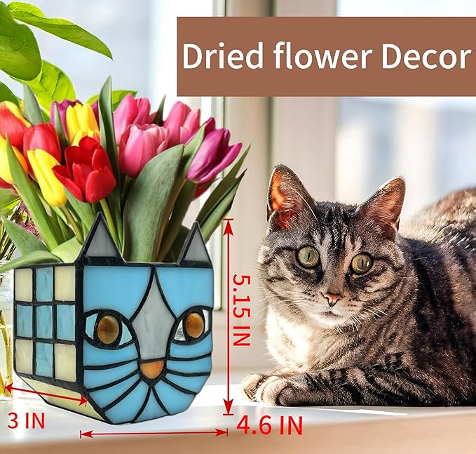 Stained Glass Blue Cat Planter,Plant pots with Drainage Holes, Plant Flower Pot for Houseplants and Succulents,Cute Blue Cat Plant Lover Gift 4.6x3x5.15 in