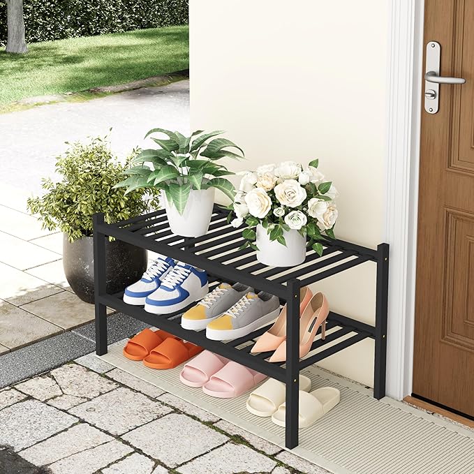 Smiry Shoe Rack, 2 Tier Thick Bamboo Shoe Organizer, Stackable Free Standing Wooden Shoe Storage Shelf for Closet, Entryway, Front Door Entrance, Black