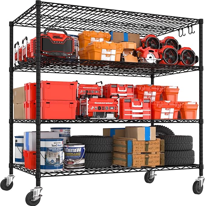 PrimeZone 55.5" W x 24" D x 80" H Heavy Duty Wire Storage Shelves with Wheels, 4 Tier Adjustable NSF Certified Garage Shelving Unit, Rolling Metal Organizer Shelf Rack for Warehouse, Pantry, Black