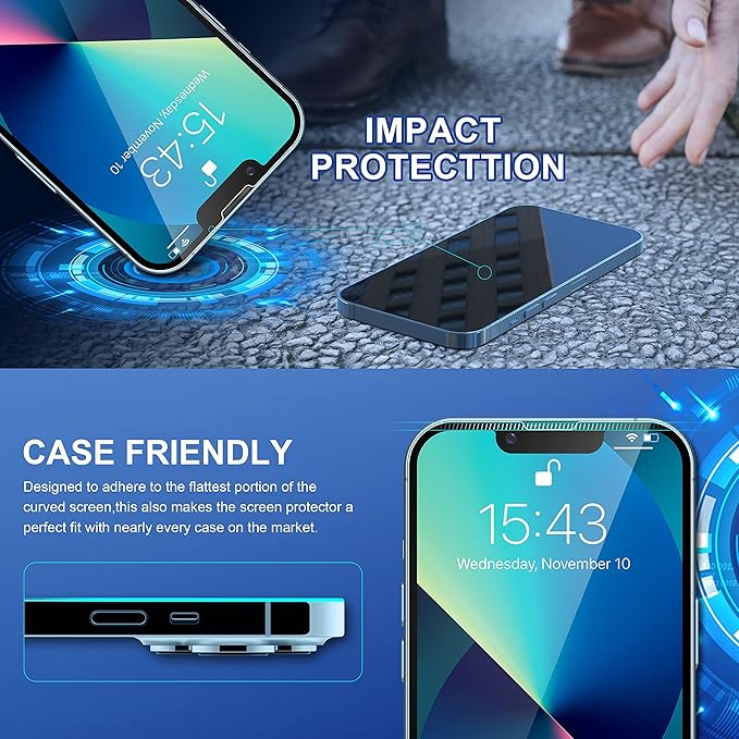 ImpactStrong Shatterproof Tempered Glass Screen Protector for iPhone 16e/iPhone 14/iPhone 13/iPhone 13 Pro [Easy Installation Frame] [Bubble Free] [9H Hardness] [Full Coverage] Case Friendly (3-Pack)