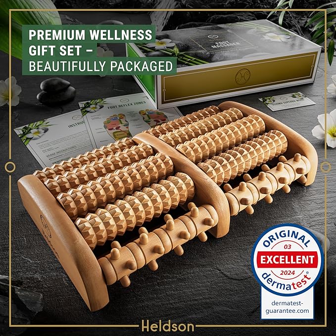 HELDSON® Foot Roller Massager Plantar Fasciitis Pain Relief - Wooden Under Desk Feet Massage - Dual Manual Heel Massagers - Wood Rolling Acupressure Tool with Reflexology Guide - Gift for Men, Women
