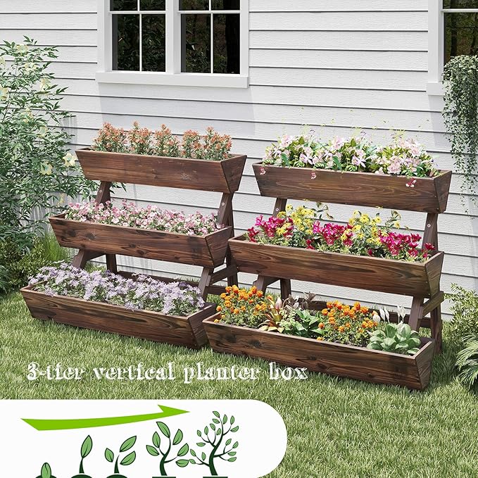 3-Tiers Wooden Raised Garden Bed Tiered Planter Box Vertical Garden Planter Wood Plant Stand for Patio, Balcony, Freestanding (Carbonized L)