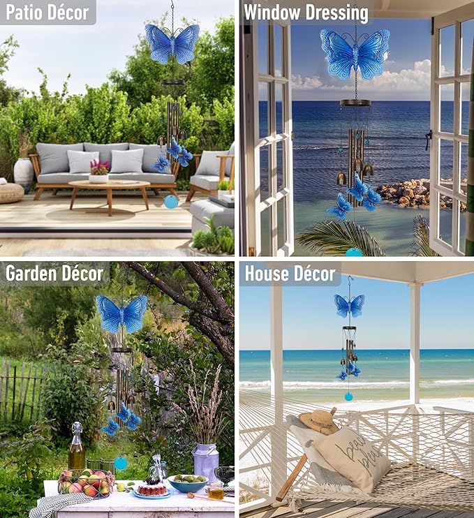 CoTa Global Blue Garden Butterfly Wind Chime - Handmade Glass and Metal Chime - Hanging Decor - Colorful Home Decor Gift, Indoor and Outdoor Hanging Decoration For Porch, Patio, and Garden - 35 Inches