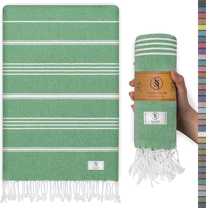 Turkish Beach Towel Absorbent & Lightweight Oversized (39" x 71") - Quick Dry, Versatile and Functional as Yoga Mat, Picnic Blanket, Travel Blanket, Bath, Shower and Body Towel - Sea Green