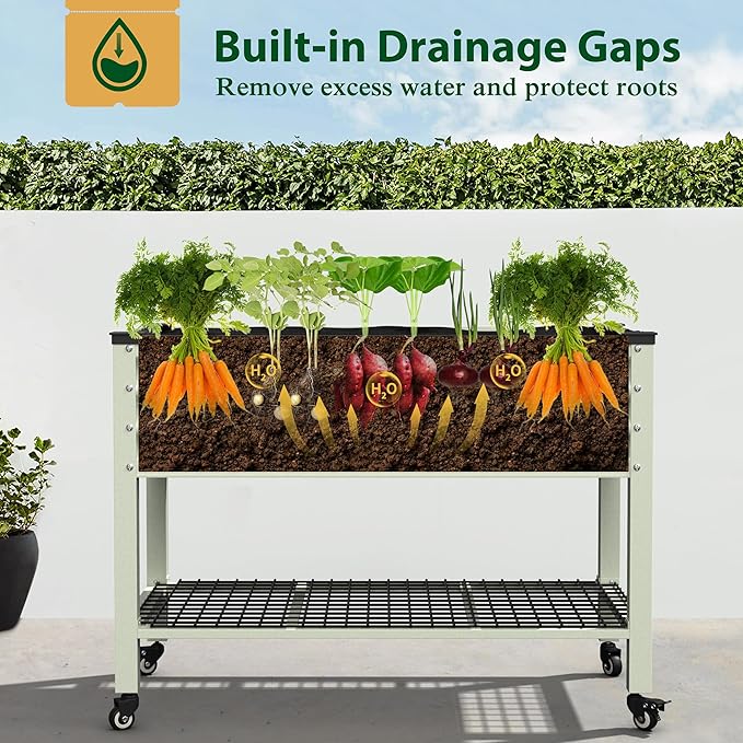 MUPATER 47.8" L x 23.5" W x 33.5" H Galvanized Steel Raised Garden Bed, 507lbs Capacity Large Metal Elevated Raised Planter Box with Rolling Casters & Extra Bottom Shelf for Patio, Balcony, Beige