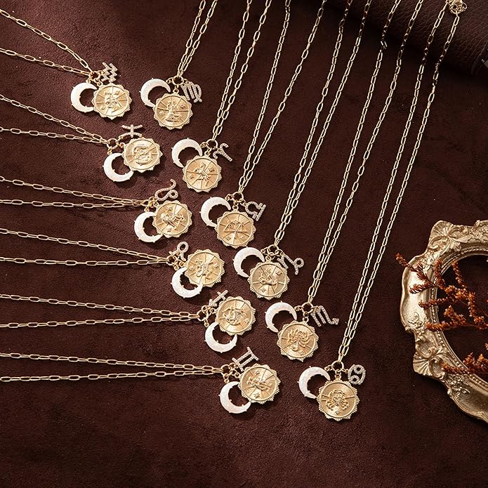 Gold Zodiac Sign Embossed Coin Opal Crescent Moon Charm Necklace for Women Trendy 18K Gold Plated Retro Paperclip Chain 12 Constellation Horoscope Necklaces Astrology Jewelry Gifts