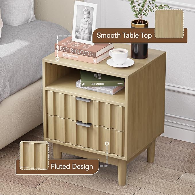 Fluted Nightstand Set of 2 with 2 Drawers, 19" Wide Night Stand with Solid Wood Legs, Open Storage Shelf, Mid Century Modern Wooden Bedside Table for Bedroom, Bed End Side Table, Oak