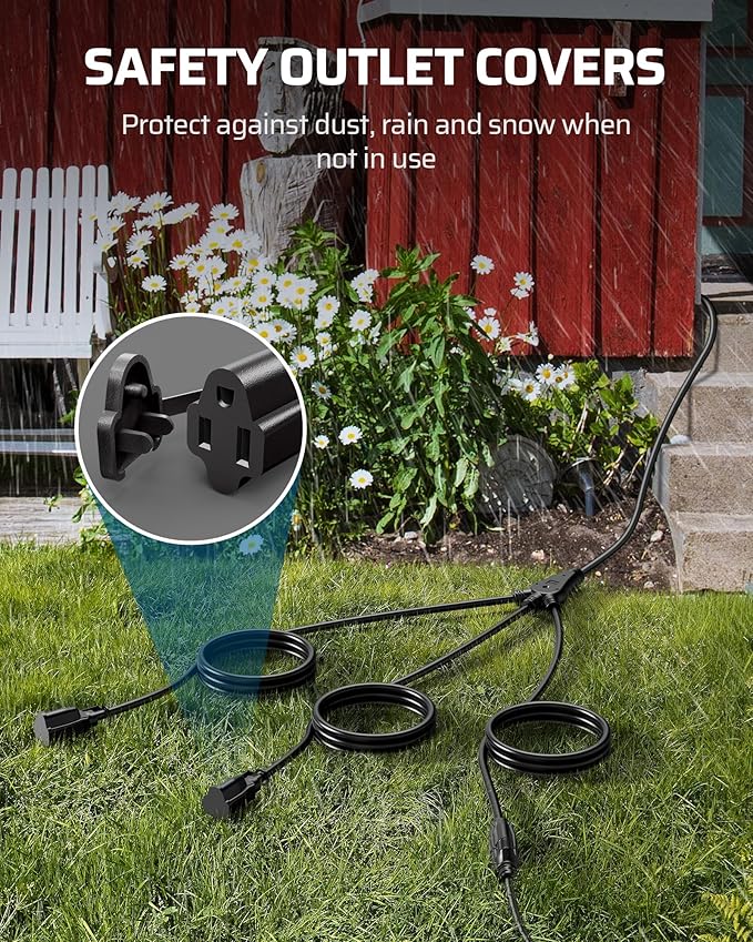 DEWENWILS Outdoor Extension Cord 1 to 3 Splitter for Outdoor String Lights, 3 Prong Outlets Plugs, Max 13ft End to End (25 FT Total),16/3C SJTW Weatherproof Wire for Holiday Decorations, ETL