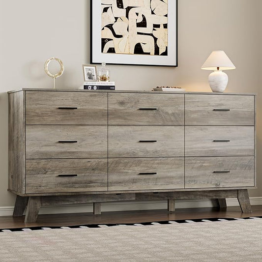 Dresser for Bedroom with 9-Drawer, 59" Wide Modern Chest of Drawers with Metal Handles, X-Shape Base & Adjustable Center Leg, Anti-Tip Closet Organizers and Storage