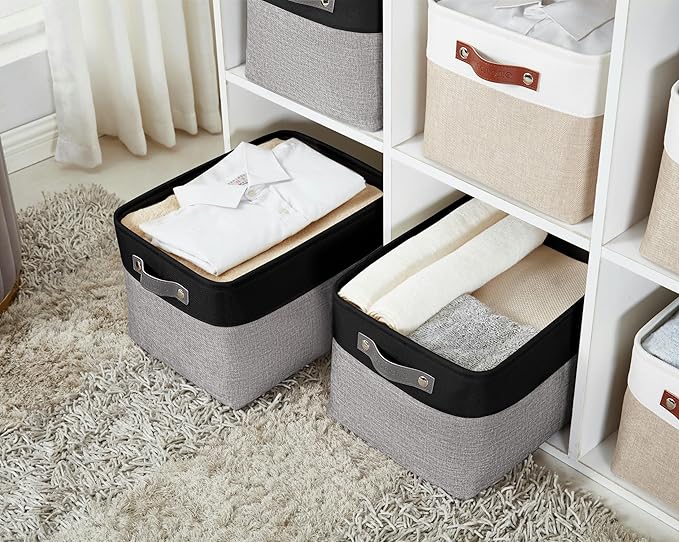 DECOMOMO Storage Baskets for Shelves - Fabric Storage Bins, Linen Closet Organizers and Storage (Grey & Black, Large - 3 Pack)