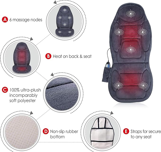 Snailax Vibration Back Massager with Heat, Massage Seat Cushion with 6 Vibrating Motors and 2 Heat Levels, Massage Chair Pad for Home Office use, Gifts for Him Her
