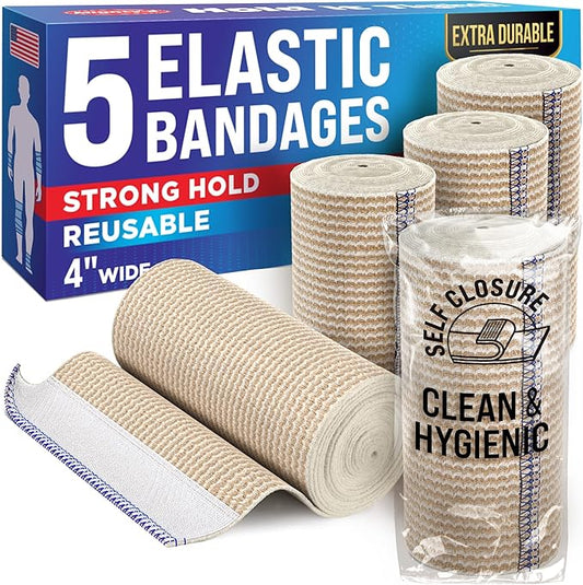 Premium Elastic Bandage Wrap - 4” (5pk) - Strong Compression - Self-Closing Reusable Bandages for Legs and Arms - Wrist, Elbow, Foot, Knee Wrap